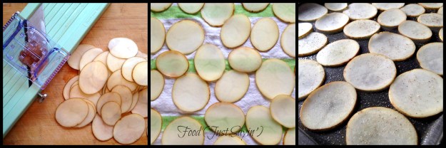 Baked Potato Chips made by blogger Food (Just Sayin') with the Benriner Mandolin Slicer from Harold Import Co.