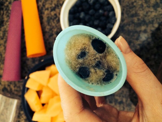 Ice Pop Mold Filled with Cantaloupe and Blueberry Mixture