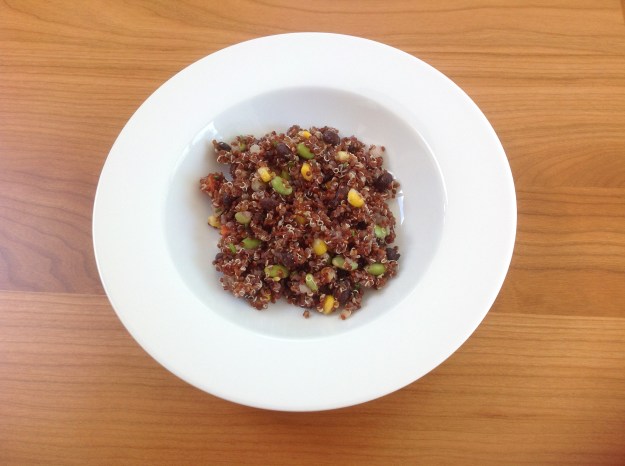 Quinoa made in Helen Chen's Asian Kitchen Perfect Rice Cooker. This salad also contains edamame, kernel corn, black beans, red bell pepper, Vidalia onion and chives.